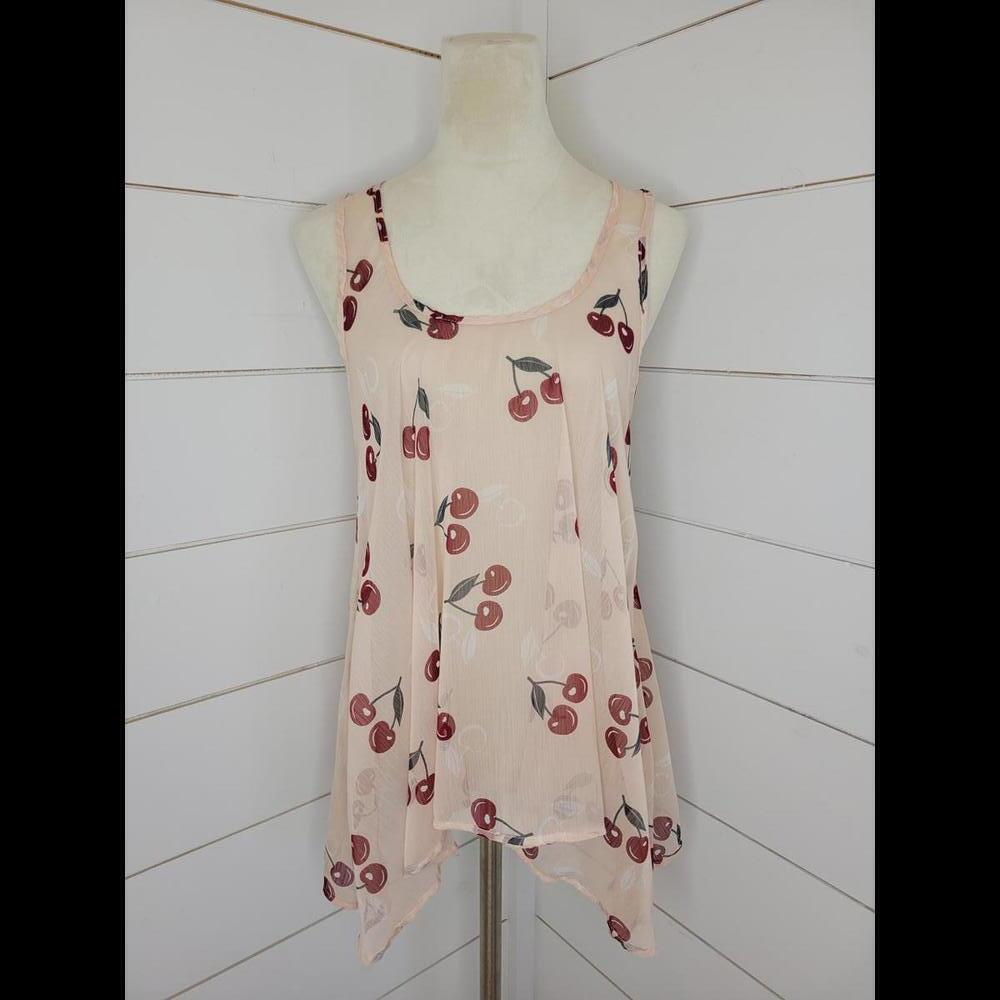 Tramp Y2K medium pink with red cherries sheer sleeveless top
